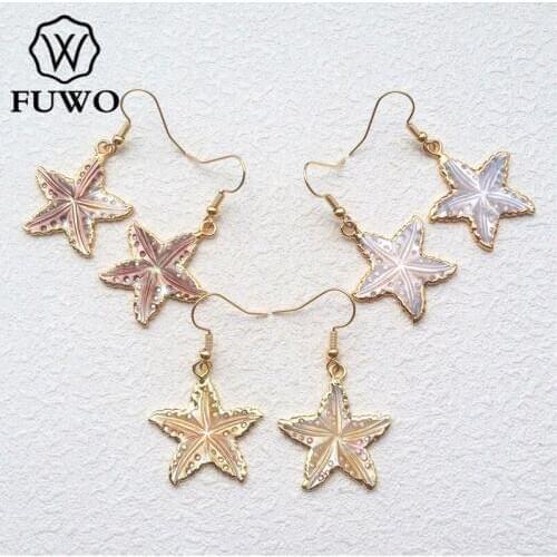 FUWO Carved Shell Stars Earrings With 24K Gold Filled Edge Fashion Maple Leaf Shape Shell Dangle Earrings Wholesale ER508