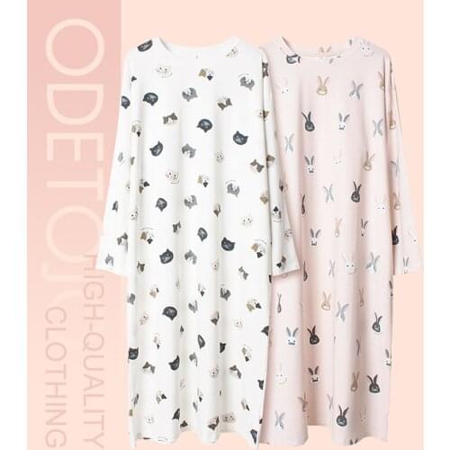 Spring new cat rabbit cute long-sleeved home clothes loose plus size round neck pajamas female cartoon spring and autumn nightdr