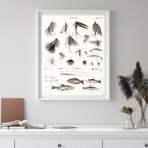 Vintage Fly Fishing Steampunk Illustration Art Prints Antique Fish Lures & Hooks Poster Canvas Painting Wall Art Decor Man Gifts
