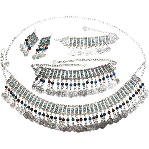 Vintage Fashion Womens Retro Silver-color colorful stone Coin Necklace Hook Earrings hairband body chain Afghan Jewelry Sets