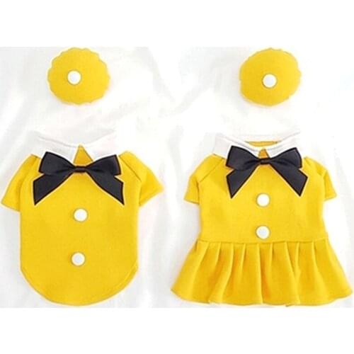 Yellow Dog Skirt Summer Thin Dog Clothes Puppy Couple Outfit Bow Tie Pullover Fashion Pet Dog Dress With Hat XS-XL