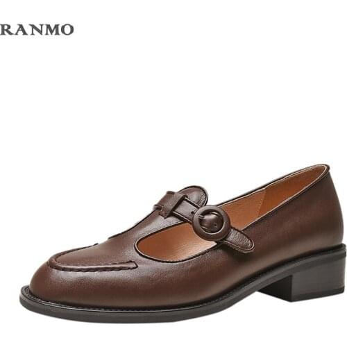 2021 New Women Flats Genuine Leather Flats Round Toe T Strap Buckle Flats Ladies Cozy Casual Spring Vintage Shoes Low Heels