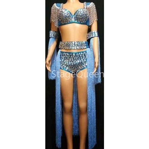 Women Nightclub Women Singer Sexy Costume Blue Tassel Big Rhinestones Bikini 4-Pieces Dance Outfits Leading Dancer Costumes