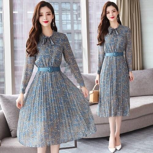 Autumn Winter New Vintage Floral Chiffon Midi Dress Plus Size Boho Dresses 2021 Elegant Women Party Long Sleeve Dress Vestidos