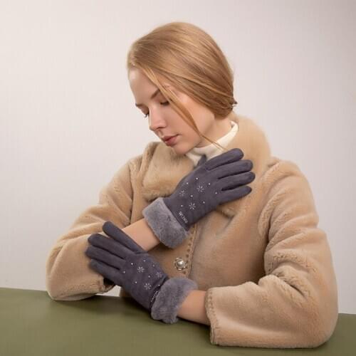 Winter Women Snowflake Embroidery Keep Warm Touch Screen Gloves Plus Velvet Thicken Suede Windproof Cycling Female Gloves