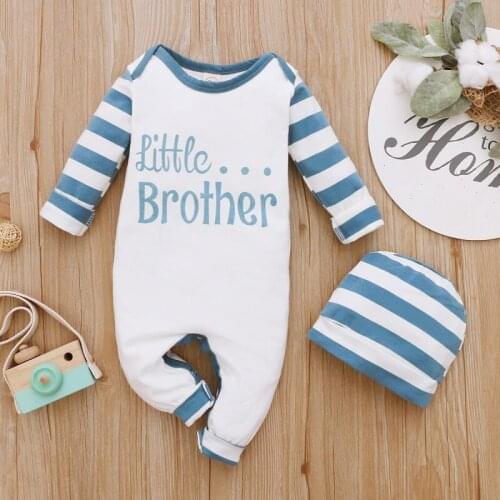 Winter Baby Jumpsuit Newborn Toddler Outfits Infant Boy Letter Print Pattern Long Sleeve Striped Romper with Hat 2pcs Set