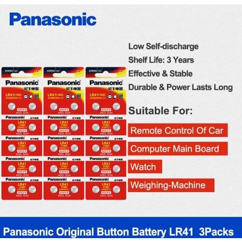 30pcs/3packs LR41 Button Cell Batteries Panasonic 100% Original SR41 AG3 G3A L736 192 392A Zn/MnO2 1.5V Lithium Coin Batteries