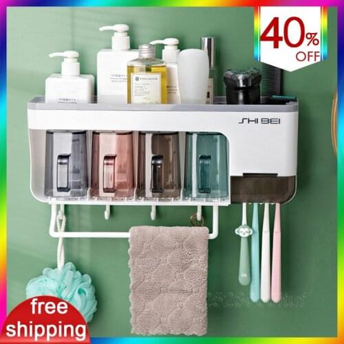 All In 1 Automatic Toothpaste Dispenser Toothbrush Holder with Toothbrush Cup Towel Rack Top Storage High Quality Bathroom Set