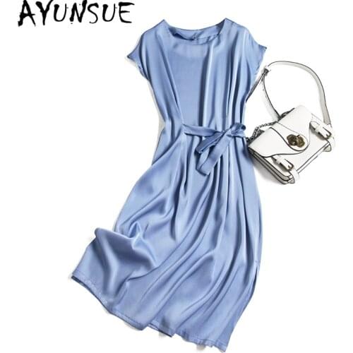 AYUNSUE Woman Dress Summer High Qulity Satin Real Silk Dress Elegant Fashion Midi Party Dresses for Women Short Sleeve Vestidos