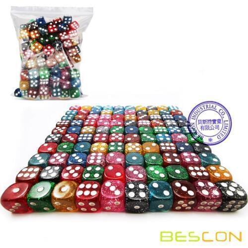 Bescon " A Lot of Glitter" 16MM D6 Set 100pcs, Assorted Colored Glitter Dice Set 100pcs