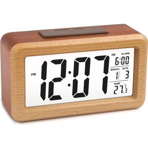 Wooden Large LED Digital Alarm Clock, Smart Sensor Night Light with Snooze, Date, Temperature, 12/24Hr Switchable CNIM Hot