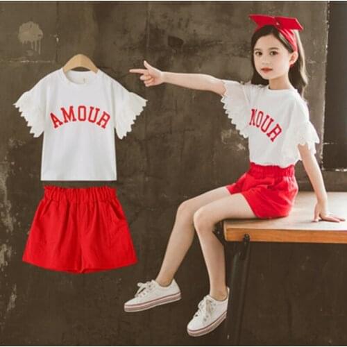 Fashion Kids Baby Girls Clothes Sets Summer 2021 Short T shirt + Pants Outfit Children Girl Clothing Suit 4 6 7 8 9 10 12 Years