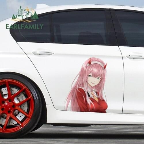 EARLFAMILY 43cm x 34.4cm For Zero Two Waterproof Car Stickers Surfboard Decal Funny Anime Campervan Vinyl Car Wrap Decoration