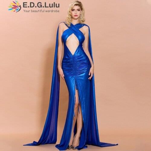 EDGLuLu vintage elegant chic elegan off shoulder sexy club irregular slit maxi dress evening blue dresses woman party night