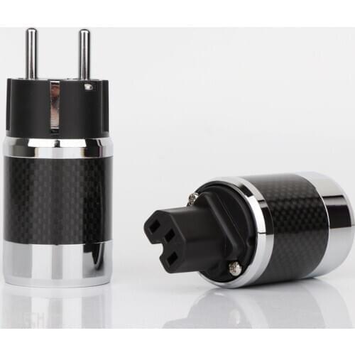 Black Carbon Fiber Rhodium Plated AC Electrical EU Male Power Plug & Female Connector IEC