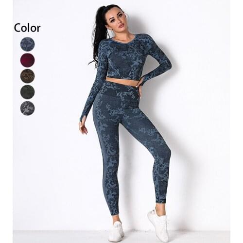 Camouflage Womens Workout Outfits Yoga 2 Piece Set Seamless Long Sleeve Crop Top High Waist Legging Gym Sets Knitted Sportswear
