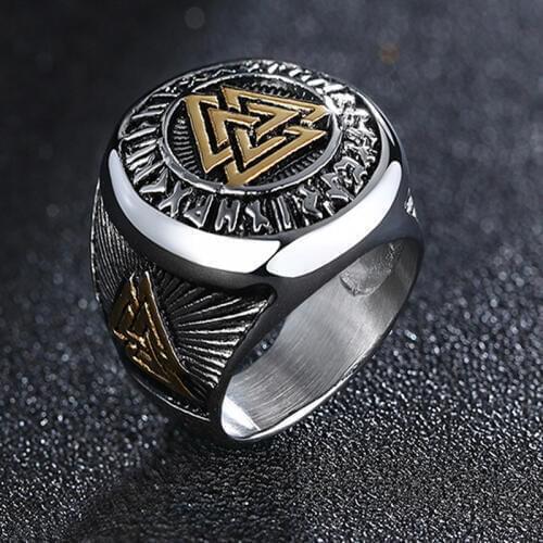 Stainless Steel Mens Valknut Viking Ring Futhark Runes Odin Nordicring Triangle Punk Rock Signet Biker Band