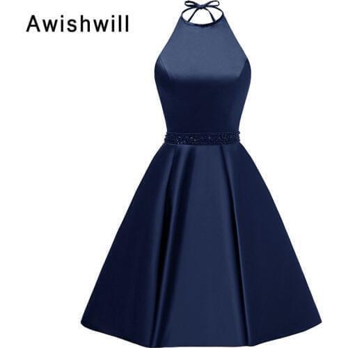 New Arrival Juniors Graduation Dresses Party Halter Beaded Satin Lace-up Back A-line Short Homecoming Dresses