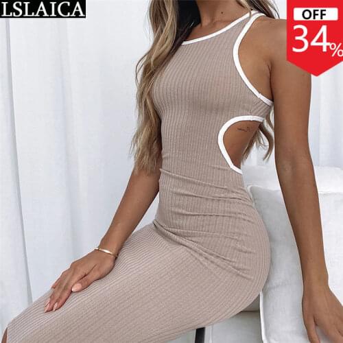 Wholesale Items Womens Summer Dresses Sleeveless O Neck Color Matching Slim Elegant Midi Dress Hollow Out Party Club Chic Robe