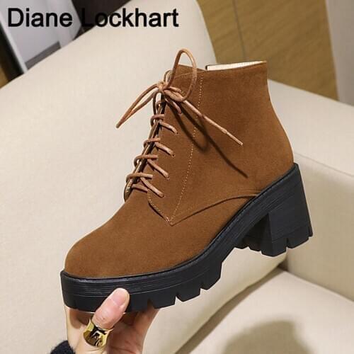 2020 Autumn New Ankle Boots for Women Thick Heel Short boots Lace-up Platform Shoes Woman Round Boots Female High Heels Punk 33