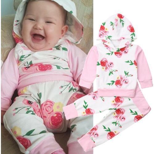 Newborn Baby Girls Autumn Clothes Floral Hooded Tops Pants Leggings Outfits