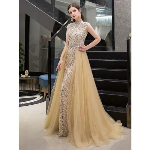 Sexy O-Neck Muslim Dubai Mermaid Beaded Cap Sleeve Evening Dresses for Women 2020 Long Floor Length Tulle Formal Party Gown