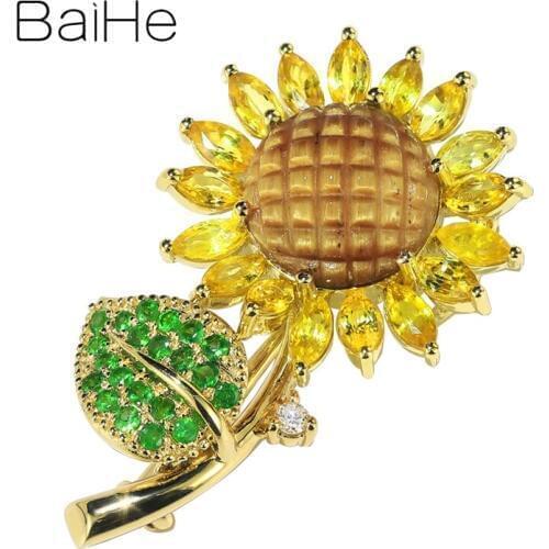 BAIHE Solid 14K Yellow Gold Natural Diamond+Tigers eye+Tsavorite+Yellow Sapphirs Fine Jewelry sunflower Gift Pendant брошь