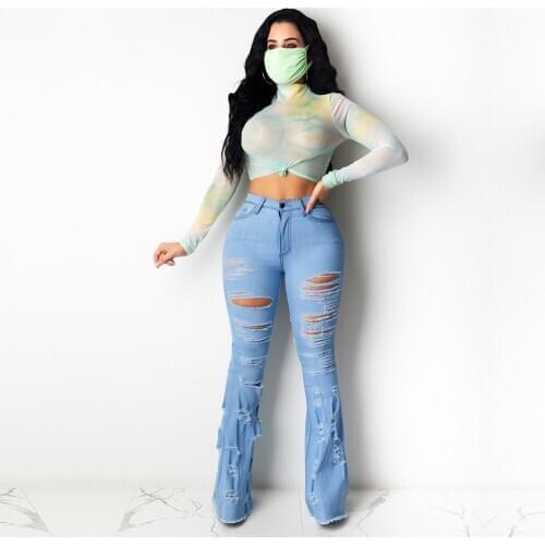 Echoine Sexy Ripped jeans Hollow out Flare denim Pants High Waist Bodycon Club Outfits Blue Jeans High Waist Denim Jeans