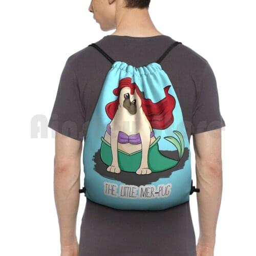 The Little Mer-Pug Backpack Drawstring Bags Gym Bag Waterproof Pug Cute Funny Parody The Little Mermaid Mermaid Mer Pug