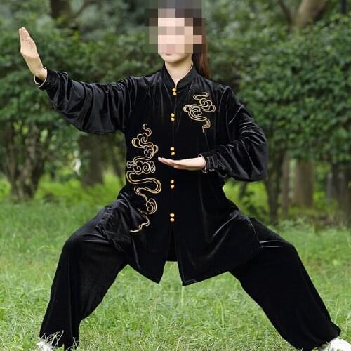High Quality Autumn&Winter Velvet Thick Embroidery Cloud Performance Suit Tai Chi Martial Arts Uniforms Kung Fu Clothing Black