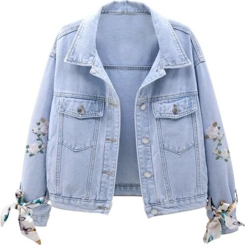 Vintage Denim Coat Women 2021 Spring Autumn New Short Loose Embroidered Jeans Jacket Female Bow Long Sleeve Outwear Casual Tops