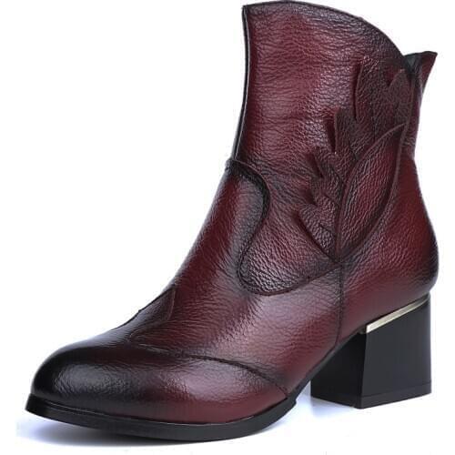 Women boot Vintage Casual Ankle Boots Women Shoes Genuine Leather Retro High Heels Ladies Boots
