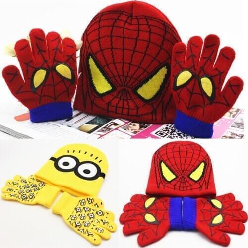 Marvel Spiderman Winter Hat Gloves Children Boys Girls High Quality Cotton Thicken Winter Warm Cartoon Knitted Cap Gloves Sets