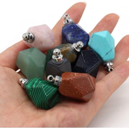 1pcs Natural Stone Agates Quartz Perfume Bottle Connector Lapis Lazuli Pendant Essential Oil Diffuser Necklace Jewelry 25x37mm