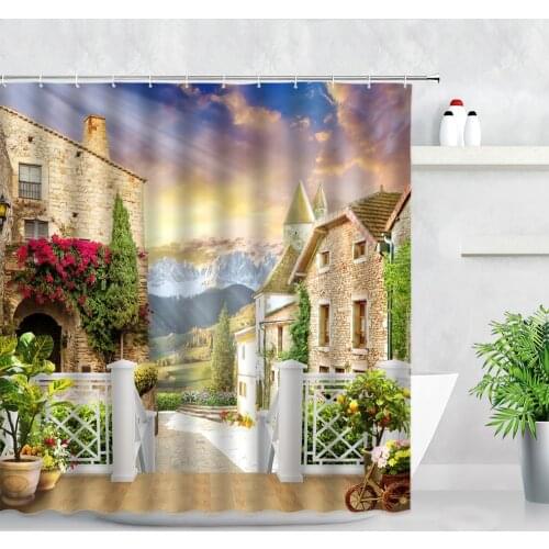 3D Retro Oil Painting Scenery Shower Curtains Flowers Plant Rural Garden Wall Decor Cloth Waterproof Bathroom Bath Curtain Hooks