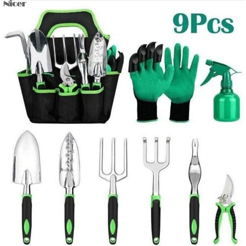 9pcs Garden Tools Set Stainless Steel Heavy Duty Wooden Handle Tote Gloves Trowel Hand Weeder Cultivator Included