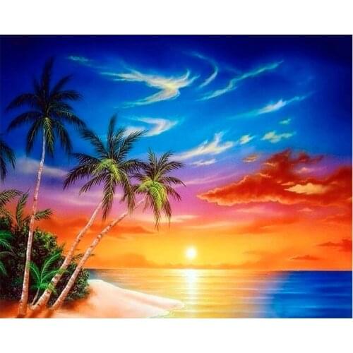 Diamond Painting Landscape Coconut Tree Sea 5D Full Round Diamond Embroidery Mosaic Cross Stitch Home Decoration Gift FC483