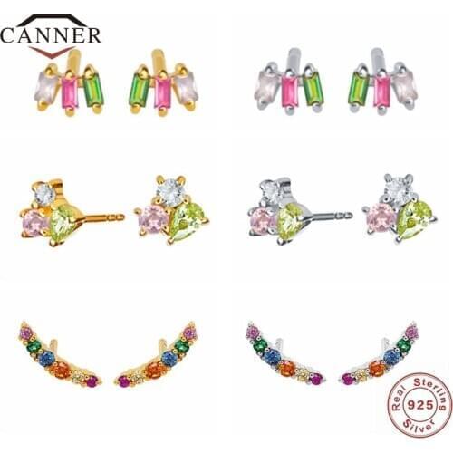 CANNER Real 925 Sterling Silver Color CZ Zircon Stud Earrings For Women Rainbow Piercing Earring Silver 925 Jewelry Pendientes