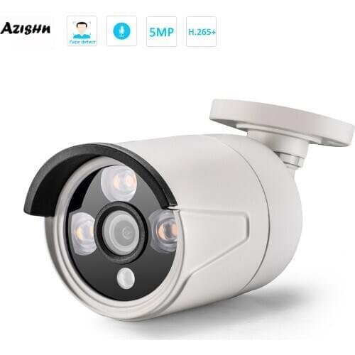 AZISHN 5MP Bullet POE IP Security Face Detection Camera Audio Built in Microphone H.265AI Outdoor CCTV Security Camera IR 30m