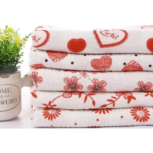 White Red Printed Cotton Crepe Fabric for DIY Sewing Baby Cloth Tracksuit Sleepwear 50x135cm Breathable Pure Cotton Crepe Fabric