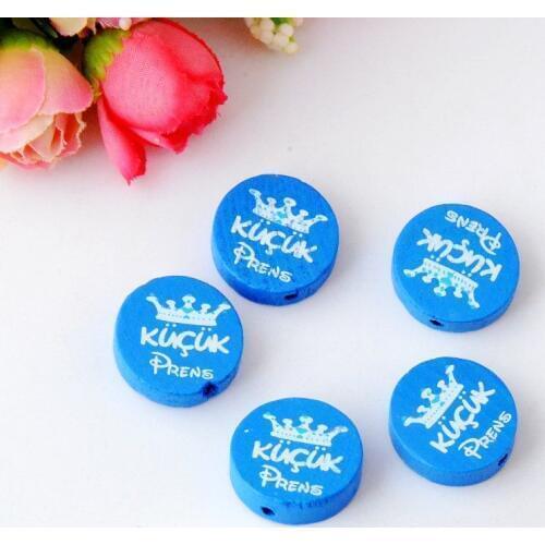 Free shipping 50pcs Color Round Wood Beads Print 'PRENS CROWN' 20mm Dia. J2983-J2984