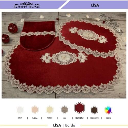 Bonny Home Lisa Burgundy 3 Pieces Plush Bath Mat Non Slip Leather Based Machine Washable Lacy Rug Set