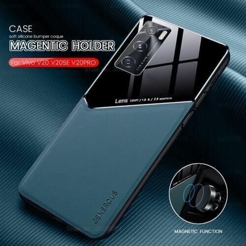 Car magnetic holder leather texture hard pc back covers for vivo v20 v 20 se pro v20se v20pro case siliocne frame protect shell