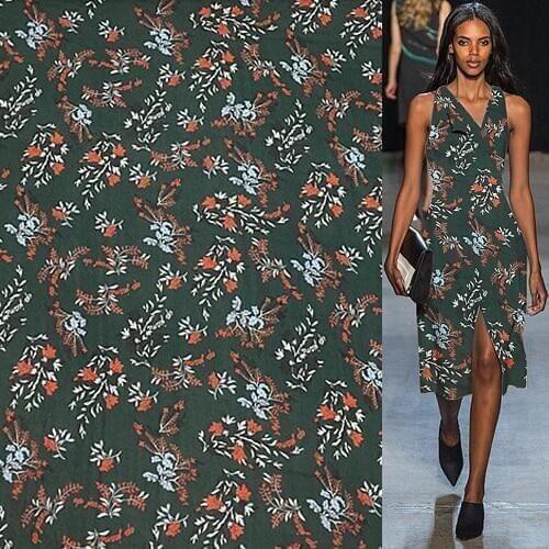 Floral print pure silk georgette gauze silk fabric very soft deep green background,SCG563