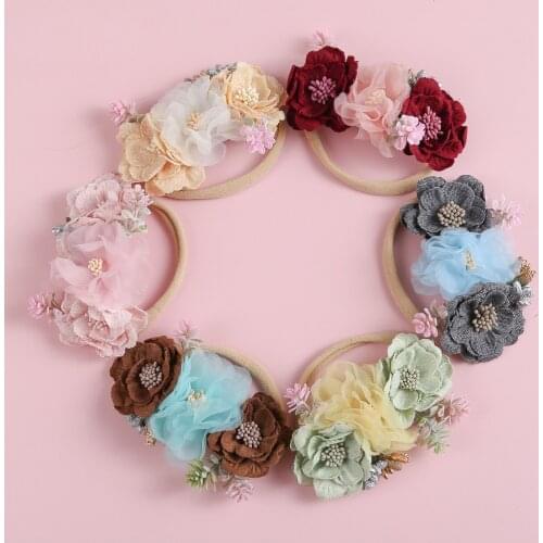 Childrens Headband Elastic Mesh Fabric Stitching Flower Headdress Manual Baby Headband Child Gift Beautiful Soft and Stretchy