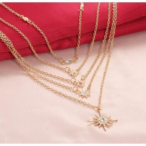 Boho Shiny Crystal Star Geometric Necklace Gold Multilayer Neck Chains Set Charm Women Party Clothing Decoration Jewelry 2020