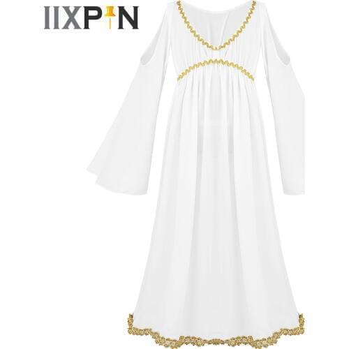 IIXPIN Kids Girls Greek Halloween Costume Aphrodite Athene Cosplay Long Sleeves V-neckline Gold Trim Role Play Dress