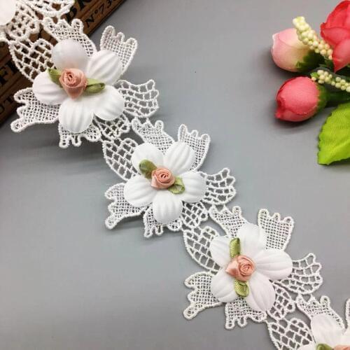 1 Yard Pink Rose Flower White Embroidered Lace Trim Ribbon Applique Fabric Handmade Sewing Craft For Costume Hat Decoration