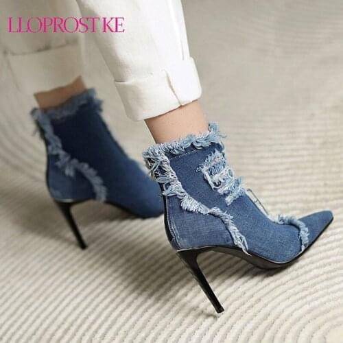 Lloprost ke Fashion Denim Ankle Boots Autumn Women Boots Sexy High Heel Booties Pointed Toe Zipper Winter Woman Boots Shoes