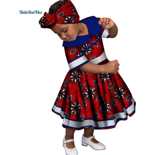 Lovely Girls Peter Pan Collar Lace Dresses Bazin Riche African Print Ankara Dresses for Kids Children African Clothing WYT246